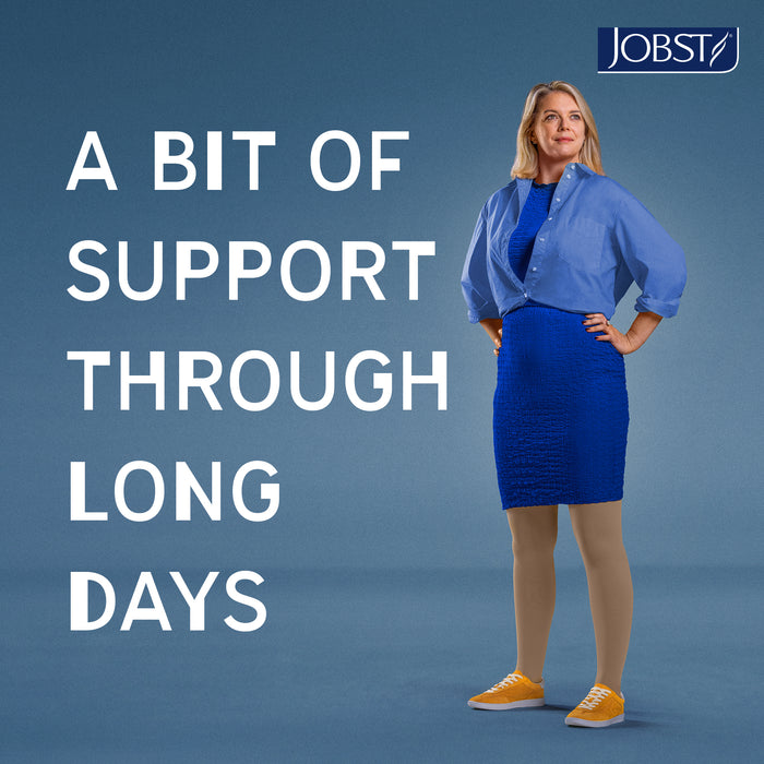 Woman in blue outfit with text 'A bit of support through long days' and JOBST logo on a blue background