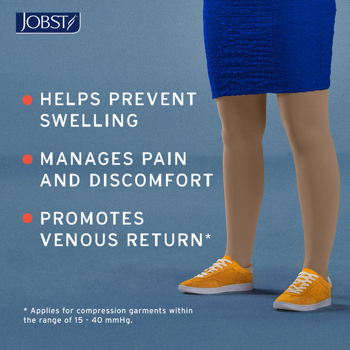 Person wearing blue compression stocking with text about JOBST products on a blue background