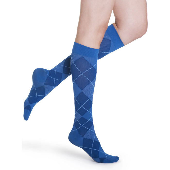 Sigvaris Microfiber Patterns Women's 20-30 mmHg Knee High, Royal Blue Argyle