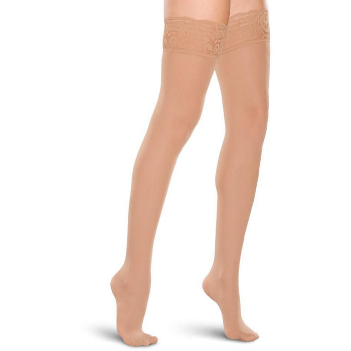 Therafirm Sheer Women's 15-20 mmHg Thigh High w/ Lace Silicone Top Band, Sand