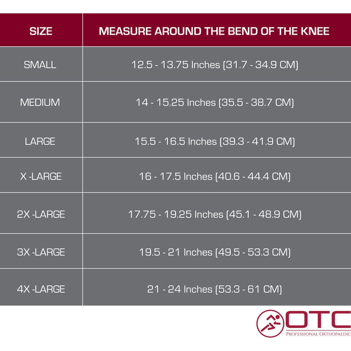 OTC Neoprene Knee Support - Open Patella, Size Chart